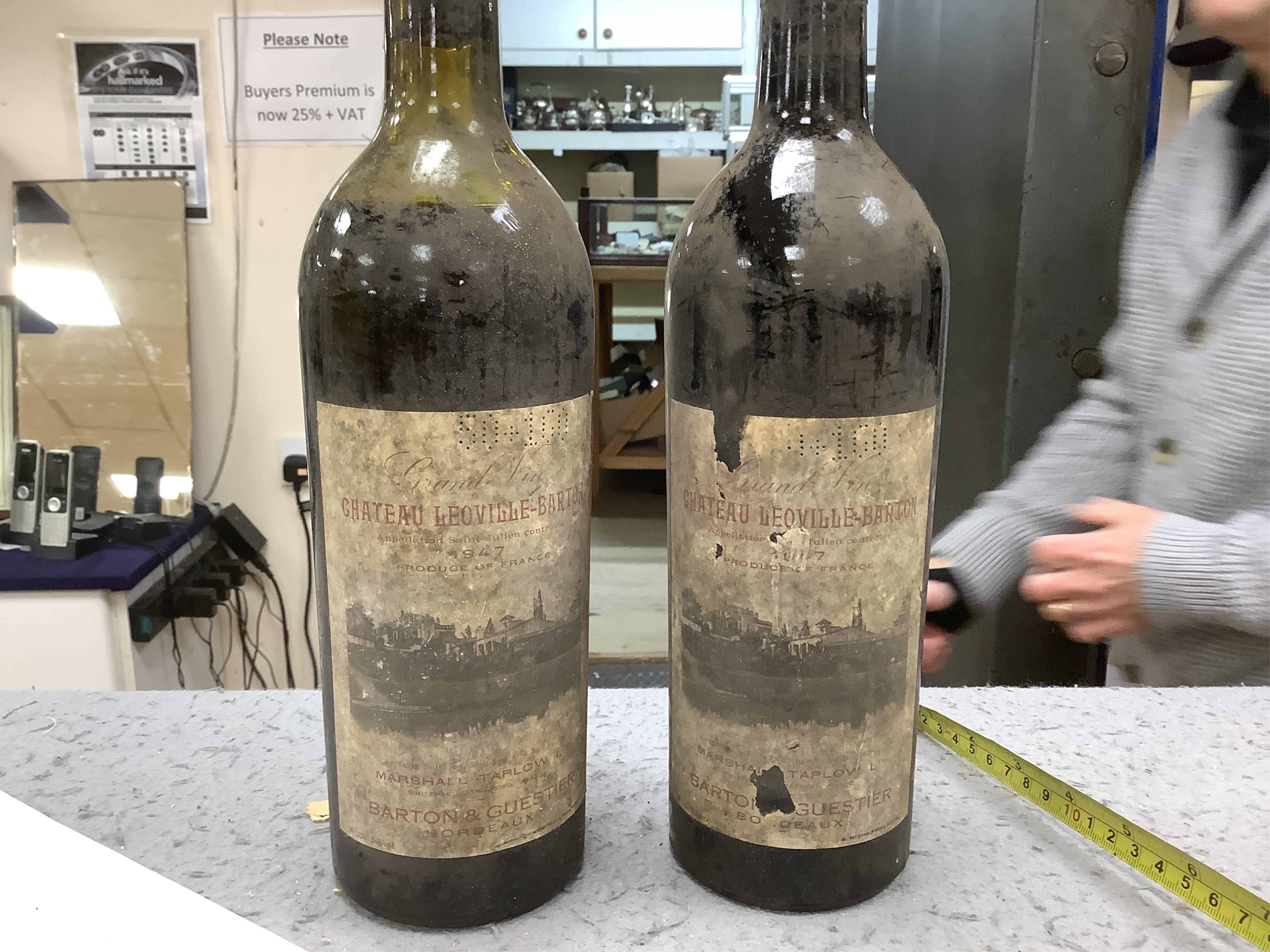 Ten bottles of red wines to include six bottles of mixed Claret/Bordeaux, four bottles Chateau de Ville-George’s, Grand Cru 1959, two bottles of Chateau Leoville Barton 1947 and two others without labels, a bottle Cau de